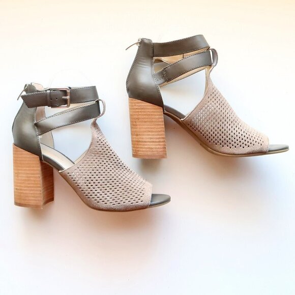 Marc Fisher Taupe Laser-cut Suede Leather Peep Toe Block Heel Ankle Strap Sandal - Picture 12 of 16